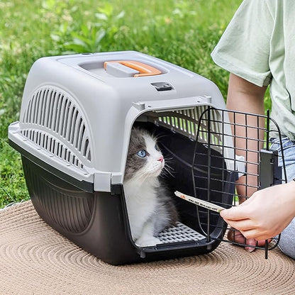Plastic Pet Carrier, 18.9x12.6x12.6 inch Hard Sided Travels Cat Crate with Wire Door and Water Bowl Ventilation and Security Lock Design Portable Small Dog Kennel for Camping (Black)