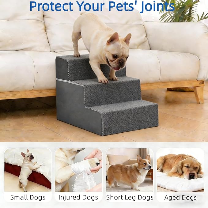 Simple Deluxe Dog Stairs for Small Dogs, 3-Step Dog Step for Puppy, Older Cat, Medium Pet Ramp for Sofa, Couch or Chair, Indoor Non-Slip Pet Ladder with High Density Foam, Gray