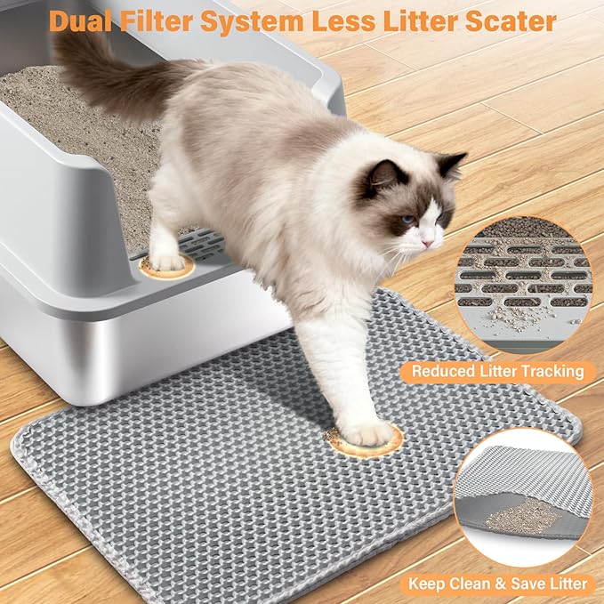 Stainless Steel Cat Litter Box, XL Cat Litter Box with Lid for Big Cat, Extra Large Metal Litterbox with High Side，Non-Stick, Odor-Resist, Anti-Urine Leakage, Easy-Clean, Includes Mat & Scoop