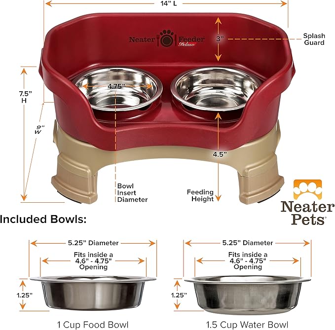 Neater Feeder Deluxe Mess-Proof Elevated Cat Bowls, 2 Height Adjustable (6” & 7.5”) No-Spill Raised Cat Bowl Stand, Whisker Friendly Stainless Steel Dishes for Indoor Cats, Made in USA, Cranberry