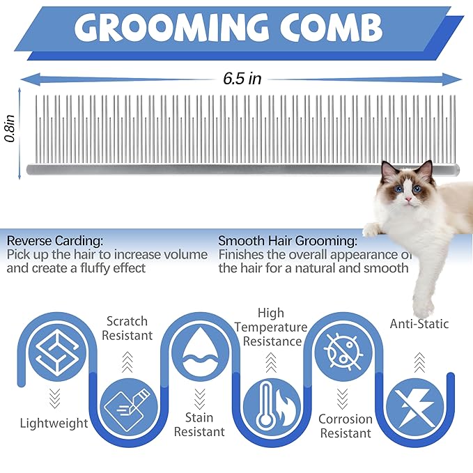 Professional 4.7 In Dual Tooth Pet Grooming Comb for Long-Haired Cats and Dogs, Metal Dematting Tool for Tangles, Knots, Undercoat and Excess Hair, Rounded Corners for Safe Deshedding and Detangling