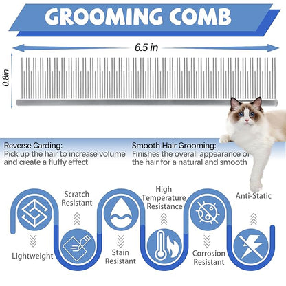 Professional 4.7 In Dual Tooth Pet Grooming Comb for Long-Haired Cats and Dogs, Metal Dematting Tool for Tangles, Knots, Undercoat and Excess Hair, Rounded Corners for Safe Deshedding and Detangling