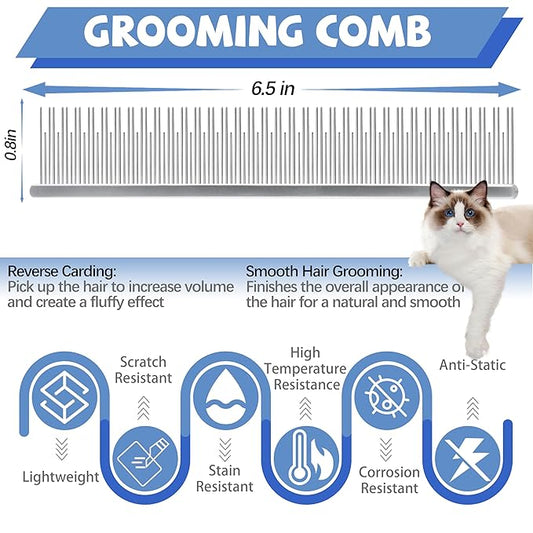 Professional 4.7 In Dual Tooth Pet Grooming Comb for Long-Haired Cats and Dogs, Metal Dematting Tool for Tangles, Knots, Undercoat and Excess Hair, Rounded Corners for Safe Deshedding and Detangling