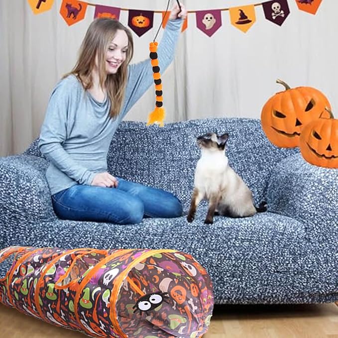 Halloween Cat Tunnel with Toys Set, Gothic Interactive Kitten Toy for Indoor Cats Kitty, Kitten Tube Tent, Feather Wand Teaser Bell Fuzzy Ball Springs Mouse for Small Animals (A, 23.3X15X112.3CM)