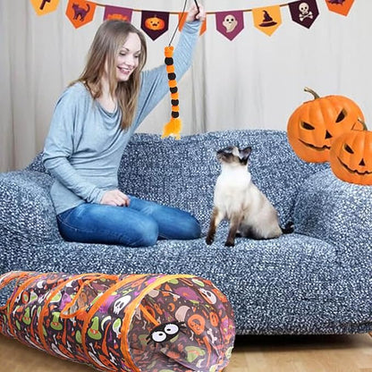 Halloween Cat Tunnel with Toys Set, Gothic Interactive Kitten Toy for Indoor Cats Kitty, Kitten Tube Tent, Feather Wand Teaser Bell Fuzzy Ball Springs Mouse for Small Animals (A, 23.3X15X112.3CM)