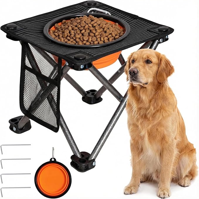 KingCamp 35oz Raised Dog Bowl, Elevated Portable Collapsible Food Bowls Stand with Non-Slip Foot & Ground Stakes for Large Medium Sized Breed Dogs