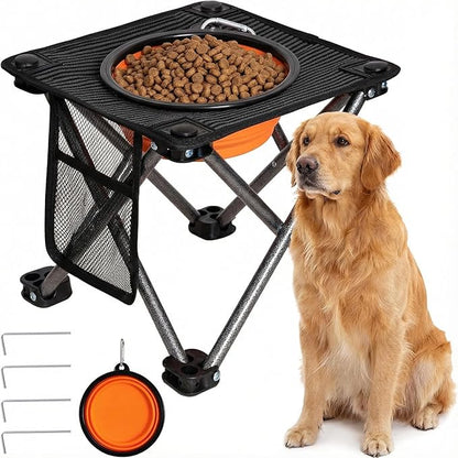 KingCamp 35oz Raised Dog Bowl, Elevated Portable Collapsible Food Bowls Stand with Non-Slip Foot & Ground Stakes for Large Medium Sized Breed Dogs
