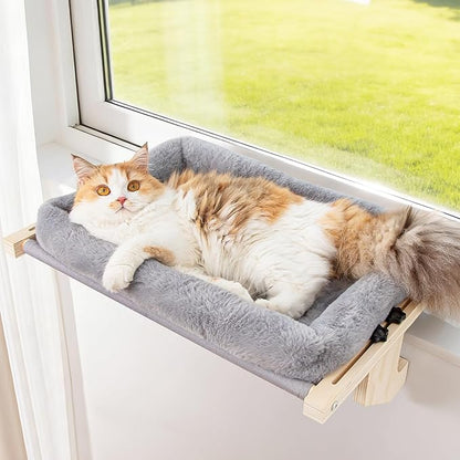Cat Sill Window Perch - 100% Natural Pine Frame, Soft Rabbit Fur Cushion, Tool-Free Adjustment, Supports 50 lbs (Large-Grey)