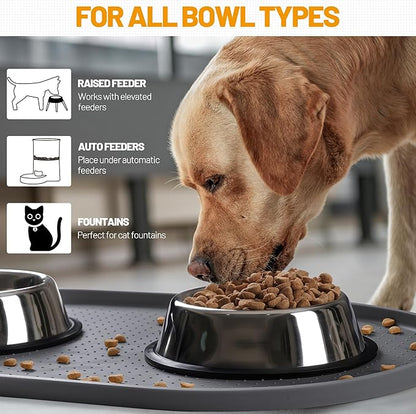 Hubulk 100% Waterproof Silicone Pet Feeding Mat with Raised Edge for Food and Water, Dog Bowl Mats, Cat Bowls Placemat with High Lip Protects Floor for Cats and Dogs (Gray, 19" L x 12" W)