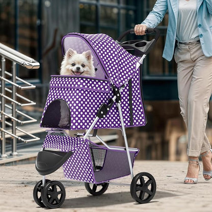 Magshion 3-Wheel Pet Stroller, Foldable Travel Jogger for Small & Medium Dogs & Cats (Up to 33lbs), Lightweight Carrier with Breathable Mesh Cover, Cup Holder & Storage Basket, Purple Polka Dots