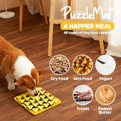 Puzzle Feeder Silicone Mat with Suction Cups, Slow Feeder Bowl for Dry and Wet Food, Dog Enrichment for All Breed Dogs, Yellow