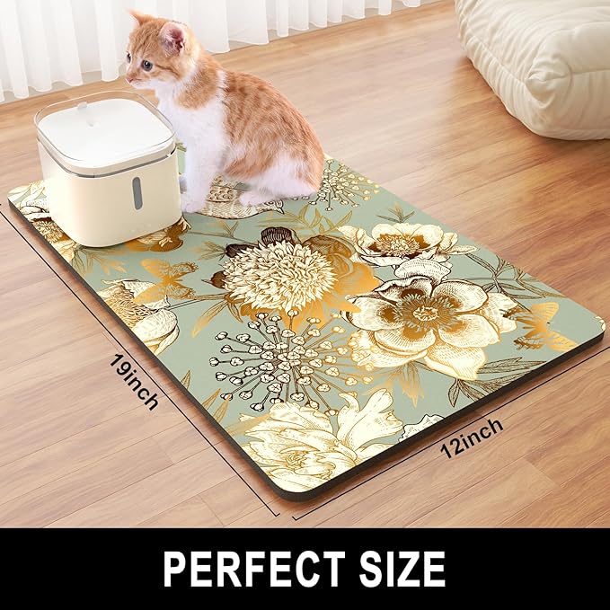 Dog Food Mat, 12" x 19" Flower Absorbent Dog Cat Bowl Mat for Food and Water, Cute Anti-Slip Rubber Pet Feeding Rug Protect Floors, Placemat for Feeding & Watering Supplies, Retro Floral