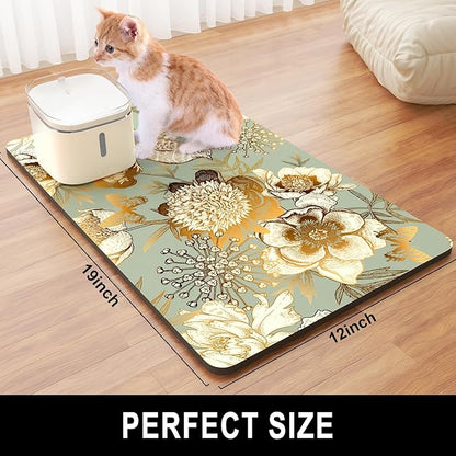 Dog Food Mat, 12" x 19" Flower Absorbent Dog Cat Bowl Mat for Food and Water, Cute Anti-Slip Rubber Pet Feeding Rug Protect Floors, Placemat for Feeding & Watering Supplies, Retro Floral