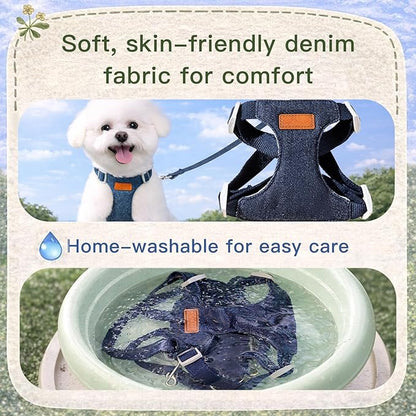Hands Free Dog Leash and Harness Set, Adjustable No Pull Puppy Harness, Soft Breathable H-Type Vest for Small Medium Dogs Cats Walking Jogging Training (Denim Blue, M)