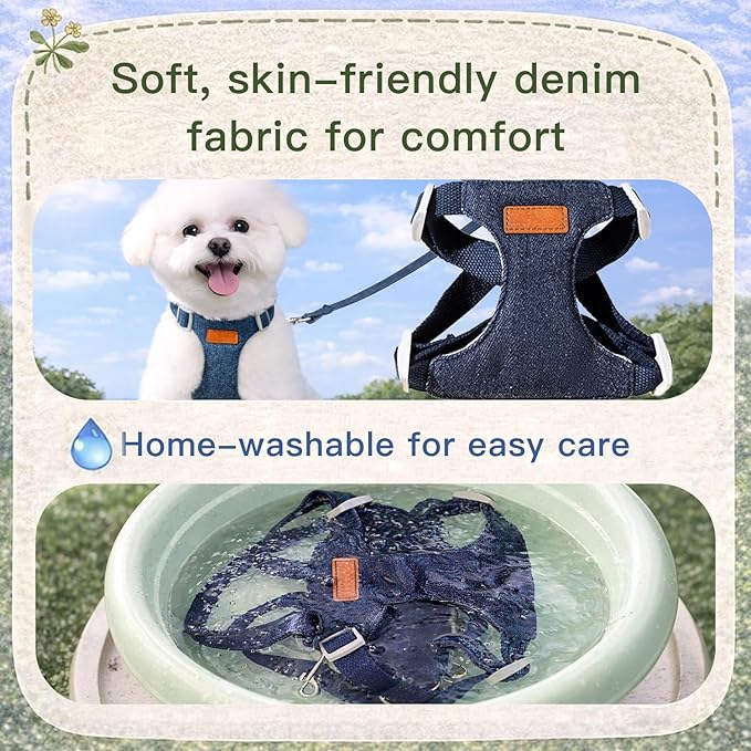 Hands Free Dog Leash and Harness Set, Adjustable No Pull Puppy Harness, Soft Breathable H-Type Vest for Small Medium Dogs Cats Walking Jogging Training (Denim Blue, XL)