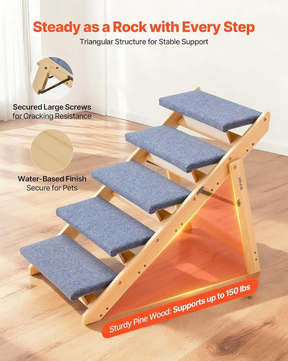 VEVOR Wood Pet Stairs, 5-Step Dog Stairs for Beds, Sofa & Cars, 150lbs Load Capacity, Floded Flat Design, Stable & Sturdy Cat & Dog Step Ladder for Small Medium Large Older Pet Puppy Essentials