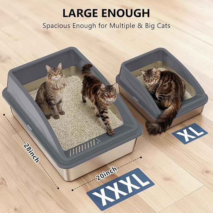 Extra Large XXXL Stainless Steel Litter Box, 28" L x 20" W x 12.2" H Super Large Stainless Steel Litter Box, Suitable for Large Cats and Multiple Cats, Non-Sticky, Anti-Leakage, Easy to Clean