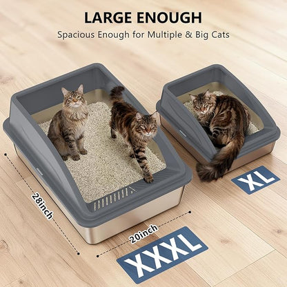 Extra Large XXXL Stainless Steel Litter Box, 28" L x 20" W x 12.2" H Super Large Stainless Steel Litter Box, Suitable for Large Cats and Multiple Cats, Non-Sticky, Anti-Leakage, Easy to Clean