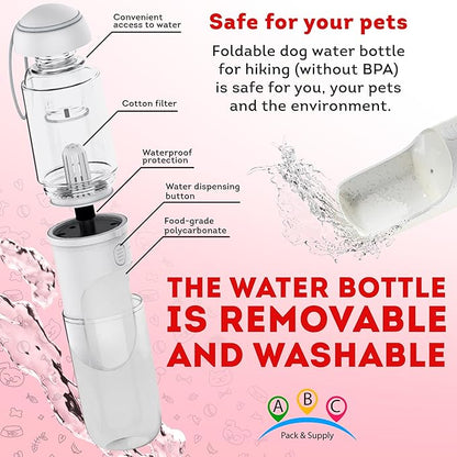 ABC Pack & Supply Dog Water Bottle Dispenser Portable, 12 oz Travel Size, Clear White ABS, One-Hand Button, Silicone Wrist Strap