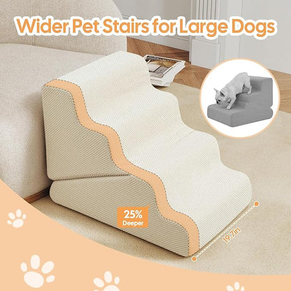 Dog Ramp for Bed, Extra Wide 20" Width Dog Stairs for High Bed, 2 in 1 Pet Steps for Small Dogs, 4-Step Foldable Transformable Large Cats Ramp to Get on Couch, Non-Slip Balanced, Beige