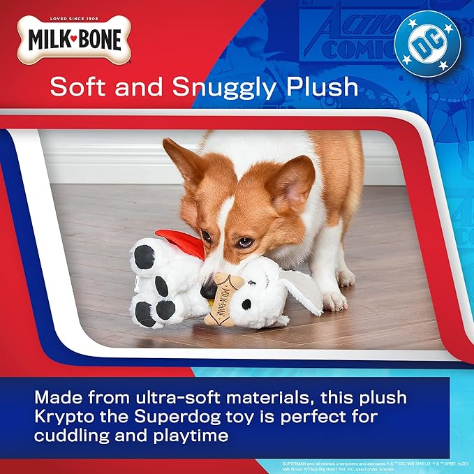 DC Comics Superman Krypto The Superdog Plush Dog Toy – Soft Squeaky Dog Toy with Crinkle Sounds, Cape & Milk-Bone Treat Design, 7.5 Inch