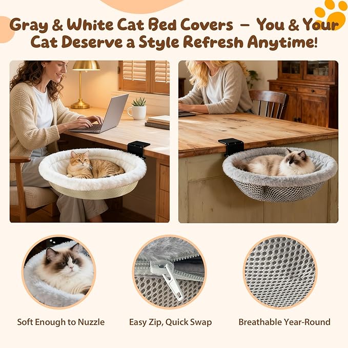 L&W BROS. Cat Desk Bed, with 2 Machine-Washable Covers -No Wash Downtime, Supports 50lbs, Space-Saving Foldable Cat Bed Desk Mount for Gaming