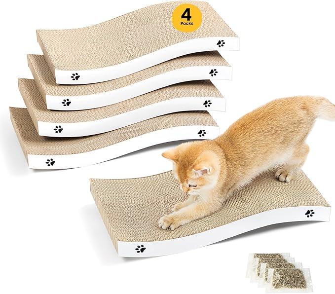 Cat Scratcher, Durable Scratch Pad, Corrugated Cardboard Scratching Board for Indoor Cats, Heavy Duty, Double-Sided Usability, Recyclable, with Catnip, Medium, 4 Pack