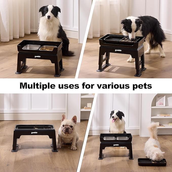 3-in-1 Raised Dog Bowl - 6 Height Adjustable Elevated Dog Bowls Stand, Double Deck Design Mess Proof, Feeding Station with 2 Stainless Steel Bowls & Licking Plate for Small Medium Large Pets