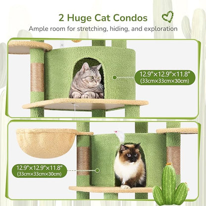 Globlazer Cactus Corner Cat Tree Tower for Large Cat, 66inch Tall Large Cat Tree Condo for Multiple Indoor Cats with 6 Scratching Posts, 2 Spacious Cat Condos, Soft Hammock, Hanging Basket, C66, Green
