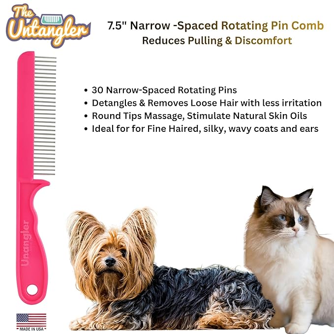 Super-Groom Combs with Smooth Rotating Teeth for Painless Mat Removal (French Rose Pink, 30 Fine-spaced Teeth)