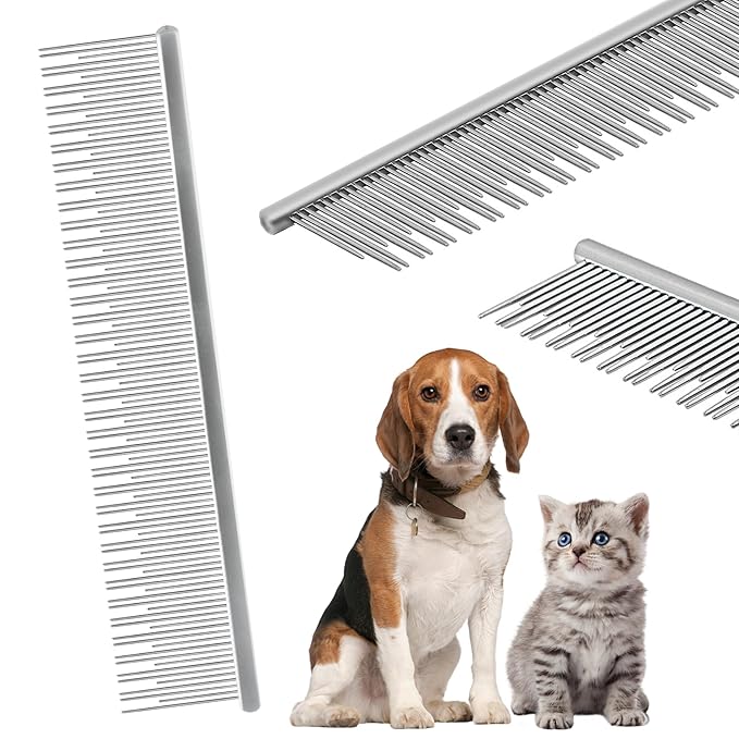 Professional 6 In Dual Tooth Pet Grooming Comb for Short-Haired Cats and Dogs, Metal Dematting Tool for Tangles, Knots, Undercoat and Excess Hair, Rounded Corners for Safe Deshedding and Detangling