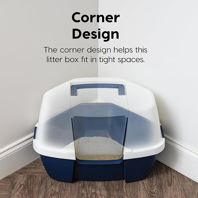 IRIS USA Corner Cat Litter Box - Enclosed Corner Litter Box with Scoop, Hooded Litter Tray for Corners, Space-Saving Covered Litter Box, Odor Defensive, Navy/White