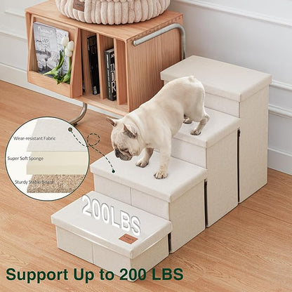 Love's cabin Dog Stairs for Small Medium or Large Dogs with Storage and Adjustable Steps, Foldable Pet Steps for Bed or Couch, 4-Step Beige Folding Cat Ramp with Zip up to 200 lbs, Beige