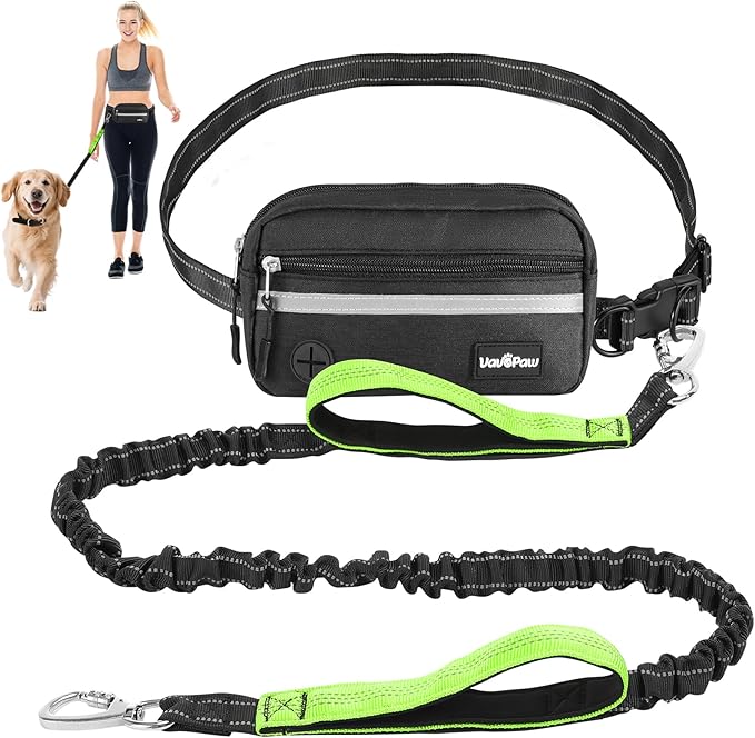 Hands Free Dog Leash with Pouch, Waist Leash for Dog Walking, Jogging, Hiking, Retractable Leashes with Dual Padded Handles, Adjustable Reflective Belt for Small Medium Large Dogs, Black Green