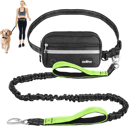 Hands Free Dog Leash with Pouch, Waist Leash for Dog Walking, Jogging, Hiking, Retractable Leashes with Dual Padded Handles, Adjustable Reflective Belt for Small Medium Large Dogs, Black Green