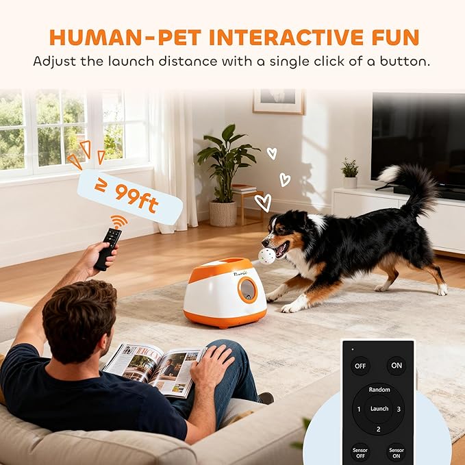 PawHut Automatic Dog Ball Launcher, Rechargeable Dog Ball Thrower with Remote Control, 3 Adjustable Distance (40ft/60ft/80ft), 6 ETPU Tennis Fetch Toys 2.5", Low Noise, for Medium Large Breeds, Orange