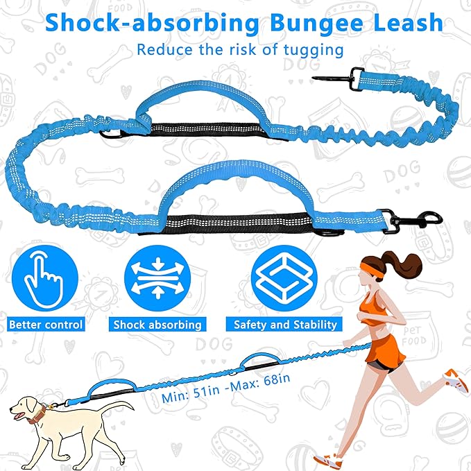 Hands Free Dog Leash with Zipper Pouch, Running Waist Leash for Dog Walking, Adjustable Waist Belt for Large Dogs, Reflective Bungee Design with Two Handle for Hiking, Training, Sky Blue