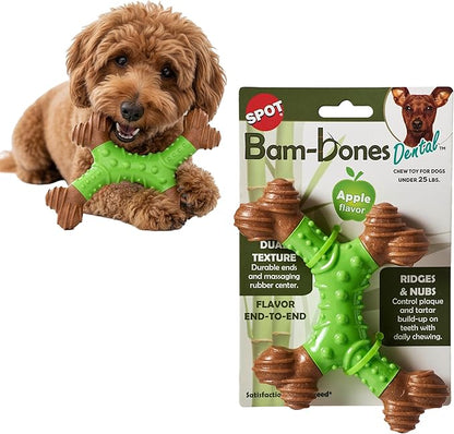 SPOT Bam-Bones Dental X-Bone - Made with Bamboo Fiber and a Massaging Rubber Center to Keep Teeth Clean, Durable Oral Care Dog Chew for Light Chewers & Teething Puppies Under 25lbs, 6in, Apple Flavor