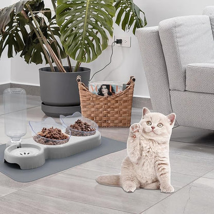 Triple Cat Bowls with Water Dispenser, Pet Whisker Friendly Water and Food Bowl Set with Non-Slip Mat, 15° Tilted Double Feeding Bowls, Elevated Wet and Dry Food Dish for Kitten&Small Dog (Grey)