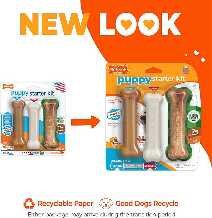 Nylabone New Puppy Starter Kit, 2 Chew Toys and 1 Natural Treat for Puppies, Puppy Teething Toy, Bacon & Chicken Flavor, Small Dogs - Up to 25 lbs., 3 Pack