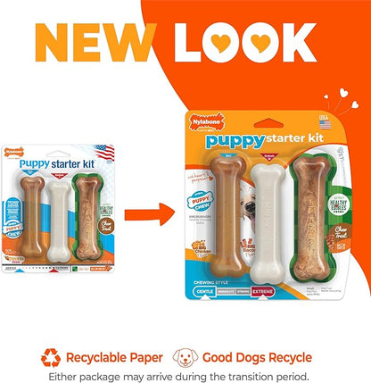 Nylabone New Puppy Starter Kit, 2 Chew Toys and 1 Natural Treat for Puppies, Puppy Teething Toy, Bacon & Chicken Flavor, Small Dogs - Up to 25 lbs., 3 Pack