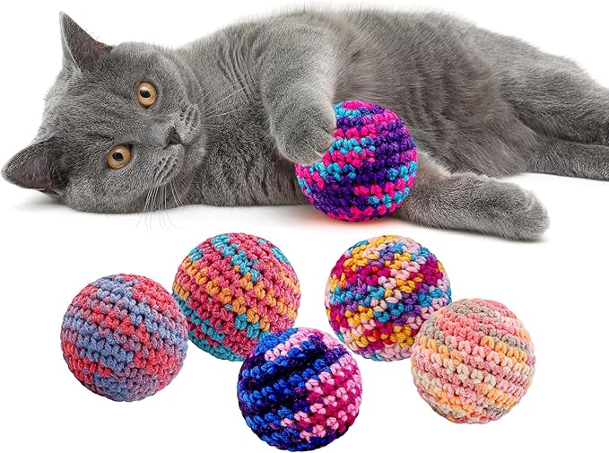 Woolen Yarn Cats Ball Toy with Bell Inside, 6Pcs Colorfull Hand-Knitted Indoor Cat Toys Jingle Bell Balls, Kitten Interactive Toys for Hunting/Kicking/Chasing