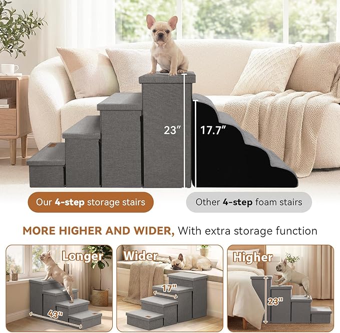 Dog Stairs with Storage 23" H, 4-Step Wider Dog Steps for High Beds Window, Folding Sturdy Pet Stairs Gift for Injured Old Dogs Cats, Ramp for Climbing Car Up to 200 lbs,(Gray, No Condo)