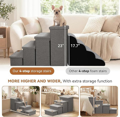 Dog Stairs with Storage 23" H, 4-Step Wider Dog Steps for High Beds Window, Folding Sturdy Pet Stairs Gift for Injured Old Dogs Cats, Ramp for Climbing Car Up to 200 lbs,(Gray, No Condo)