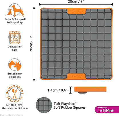 LickiMat Tuff, Heavy-Duty Playdate, Dog Slow Feeder Lick Mat, Boredom Anxiety Reducer; Perfect for Food, Treats, Yogurt, or Peanut Butter, Fun Alternative to a Slow Feed Dog Bowl, Orange