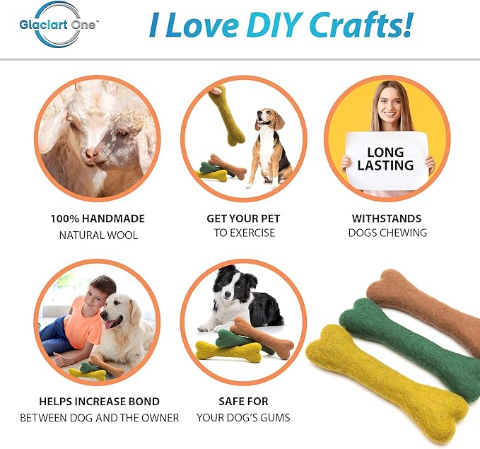 Glaciart One Felted Wool Dog Chew Bone (3 Pcs)| Durable Dog Chew Toy, Puppy Chew Toys for Teething & Dog Teeth Cleaning | Pet Toys Fetch Games & for Anxiety/Boredom | Great for Small or Medium