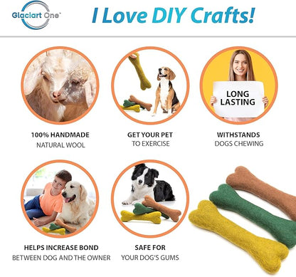 Glaciart One Felted Wool Dog Chew Bone (3 Pcs)| Durable Dog Chew Toy, Puppy Chew Toys for Teething & Dog Teeth Cleaning | Pet Toys Fetch Games & for Anxiety/Boredom | Great for Small or Medium