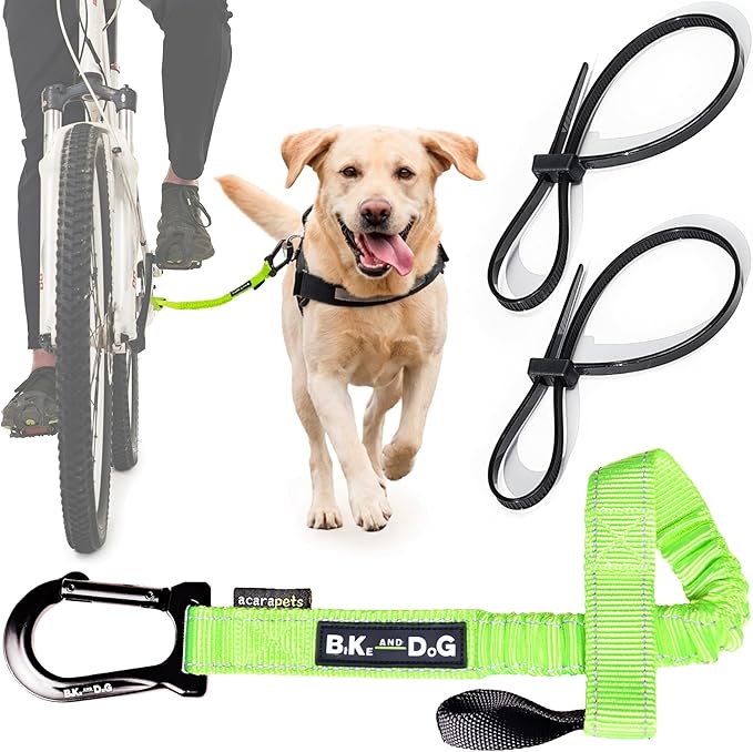 BIKE AND DOG - Dog Leash and Harness for Bicycle, Harness with 3 Rings, 2 are Sides, Includes 2 Special Cable Ties for Bicycle. Patented. (Fluorescent Yellow, Leash)