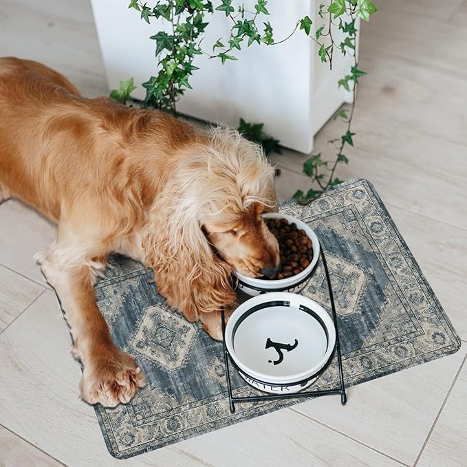 Pet Dog Cat Food Mat, Non Slip Bowl Mats for Food and Water, Absorbent Boho Dogs Cat Feeding Mat Puppy Pet Placemats for Floors Indoor Pets Accessories Supplies 12 * 20 inch, Retro Blue
