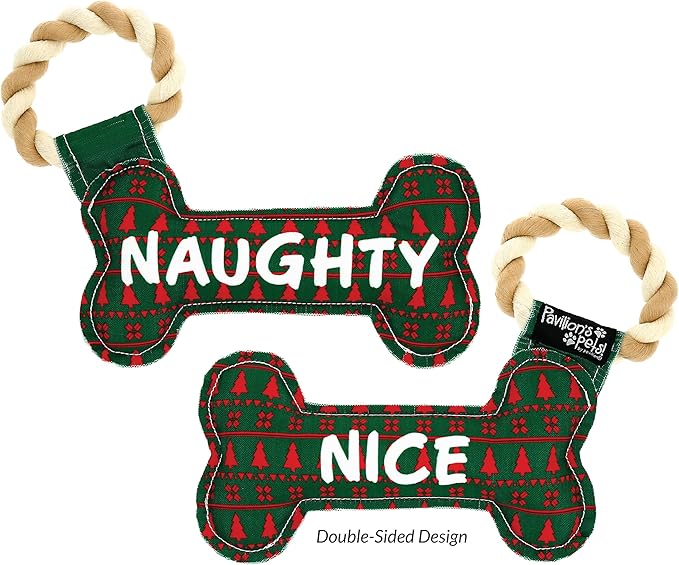 Pavilion - Naughty Or Nice - 11" Dog Bone Puppy Dog Toy with Rope Handle K-9 Furry Companion Christmas Present